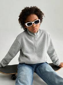 SHEIN Sweat-shirt décontracté à demi-ouverture avec fermeture éclair, convenant à tous pour les garçons préadolescents