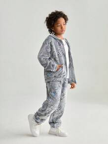 SHEIN Bộ 2 áo khoác hoodie và quần dài thời trang cho máy chơi game Tween Boy - Xám - Xem 3