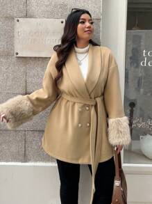 Flirla Plus Size Women's Casual Patchwork Lantern Sleeve Woolen Poncho, Autumn/Winter - Khaki - View 5