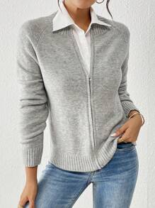 EMERY ROSE Women's Solid Color Raglan Sleeve Long Sleeve Casual Cardigan, Autumn/Winter Fall Cloth For Women - Grey - View 3