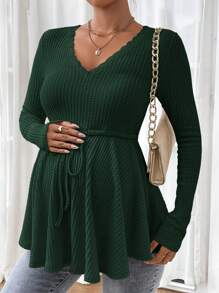 SHEIN 孕妇纯色 V 领长袖系带休闲 T 恤，春夏季，适合孕妇 - 墨綠色 - 查看 3