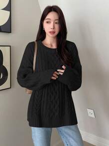 DAZY Áo len trễ vai dáng rộng màu trơn đơn giản, thu/đông - màu đen - Xem 5