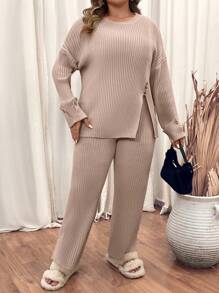 SHEIN LUNE Plus Size Women Camel Round Collar Front Slit Button Accent Knitted Sweater Pants 2-Piece Casual Suit, Autumn Winter - Camel - View 6