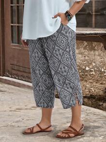 EMERY ROSE Plus Size Women's Vent Pockets Geometry Graphic Graphic Vintage Printed Casual Loose Vacation Summer Pants - Grey - View 1