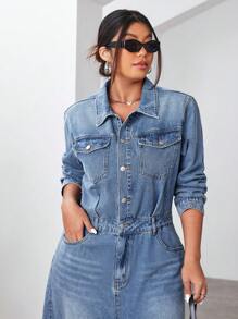 Plus Size Women's Long Sleeve Split Hem Casual Denim Dress, Spring/Summer - Medium Wash - View 6