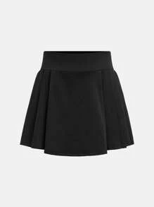 SHEIN 2pcs Tween Girls Casual Open Front Solid Color Jacket And Pleated Hem Skirt Sports Set - Black - View 5