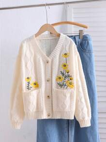 SHEIN Leap Crew Tween 女童休闲针织 V 领长袖刺绣开衫 - 杏色 - 查看 4