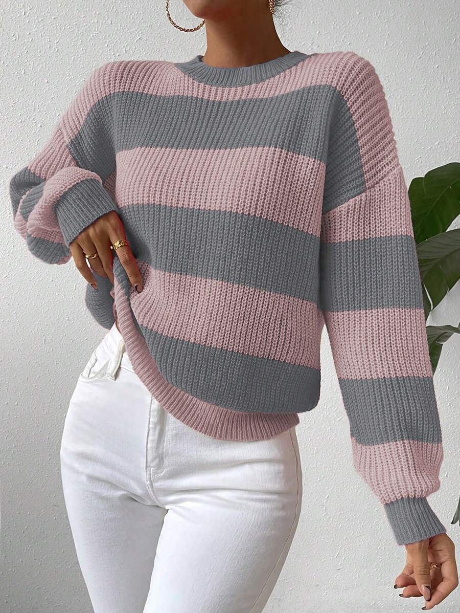 Chiquease Women's Crew Neck Color Block Dropped Shoulder Long Sleeve Casual Loose Sweater, Autumn Winter, Knit Pullover Fall - Multicolor - View 1