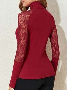 Women's Spring & Summer Solid Color Lace Patchwork Turtleneck Long Sleeve T-Shirt - Burgundy - View 2