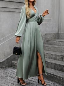 SHEIN Clasi 女士缎面纯色 V 领交叉前高开叉褶皱下摆长袖连衣裙，优雅奢华派对/生日场合，适合春/秋/冬季长款女装 - 綠色 - 查看 6