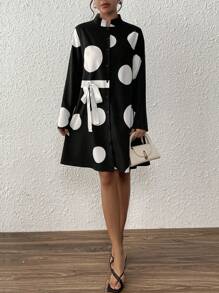 Xyvia 女式立领圆点系带纽扣设计连衣裙