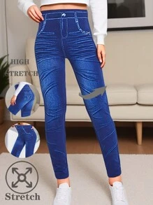 Leggings con efecto de mezclilla de estilo europeo y americano a la moda, de tela cómoda y suave para fitness, running, uso casual, yoga, actividades al aire uso diario, con patrón de rayas azules en capri - Azul - Ver 1