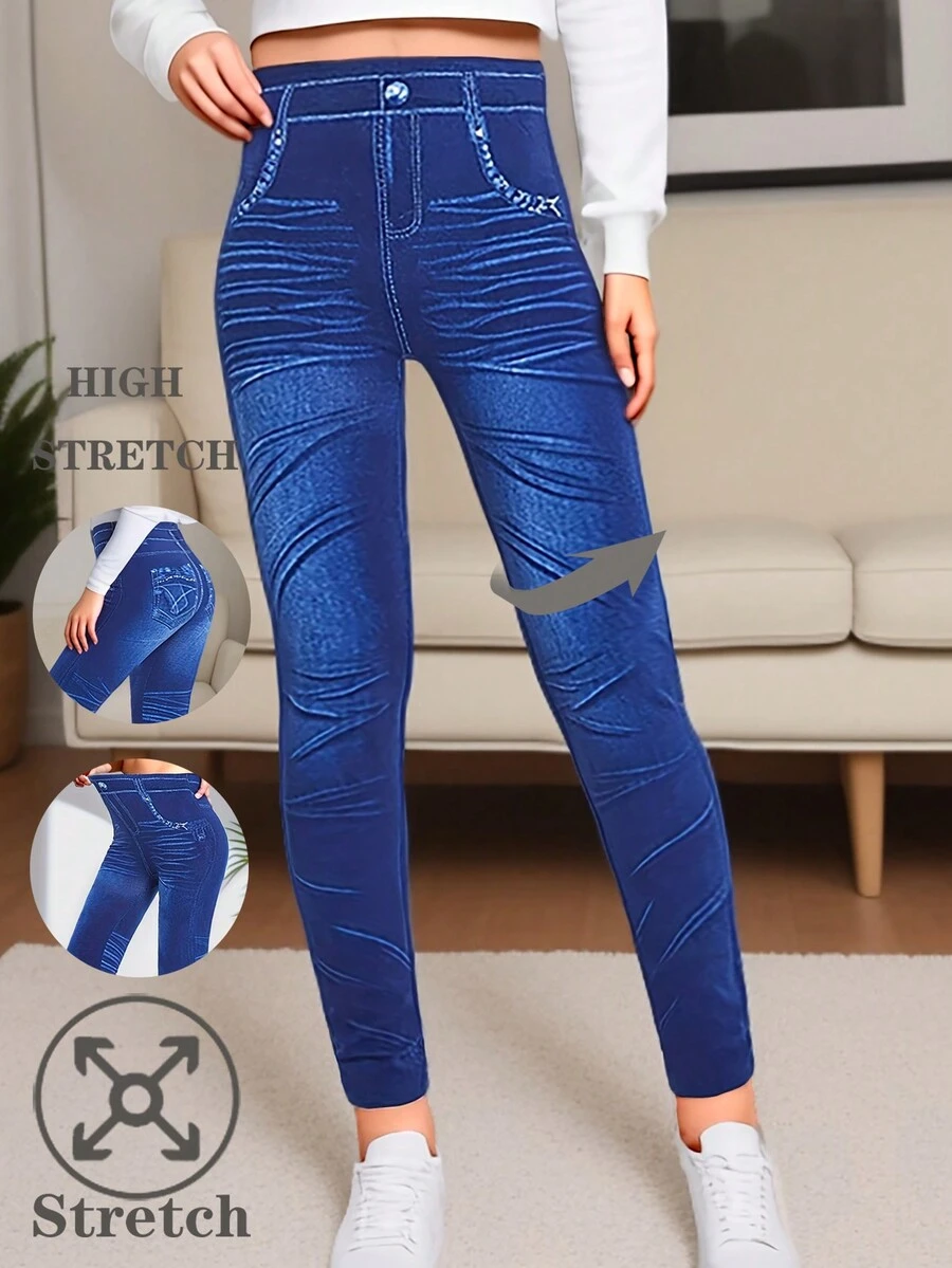 Leggings con efecto de mezclilla de estilo europeo y americano a la moda, de tela cómoda y suave para fitness, running, uso casual, yoga, actividades al aire uso diario, con patrón de rayas azules en capri - Azul - Ver 1