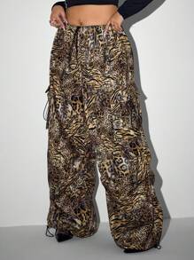SHEIN ICON ICON Plus Size Women's Low Rise Leopard Print Cargo Trousers