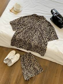 Comfortcana Plus Size Women Leopard Print Patch Short Sleeve Top And Shorts Suit, Spring/Summer,Holiday Outfits Animal Print Two Pieces Shorts Set Two Pieces Short Sets For Women