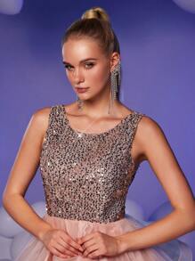 SHEIN Belle Elegant, Romantic And Gorgeous Lotus Pink Sequined Mesh, Round Neck Vest Sleeves, Asymmetric Puff Dress, Suitable For Prom, Bachelor Party, Dinner Date, Formal Prom Dress., Semi Formal Dress, For Birthday, Wedding Guest, Graduation Homecoming - Pink - View 6