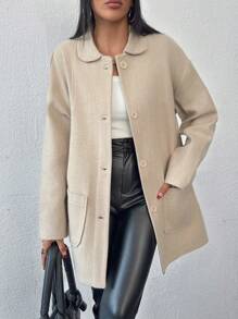 RueChic Cotton Knitted Overcoat Drop Shoulder Double Pocket Coat Easy To Style Perfect For Autumn And Winter - Beige - View 4