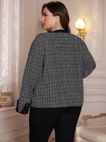 Lacomfia 大码纯色撞色贴片前扣休闲长袖夹克，优雅粗花呢外套，适合晚会/婚礼嘉宾/周年纪念