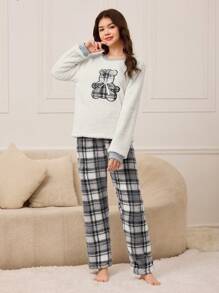 2 bộ đồ ngủ in hình gấu kẻ sọc thanh lịch cho bé gái tuổi teen và quần dài ấm áp tại nhà mùa đông - Nhiều màu - Xem 7