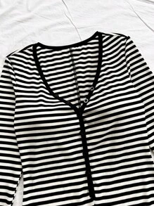 Soleia Contrast Color Striped Decorative Button Long Sleeve Romper For Women, Holiday Style - Black and White - View 6