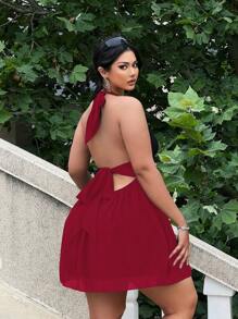 Flirla Plus Size Cross Front Backless Sleeveless Solid Color Chiffon Dress - Burgundy - View 2