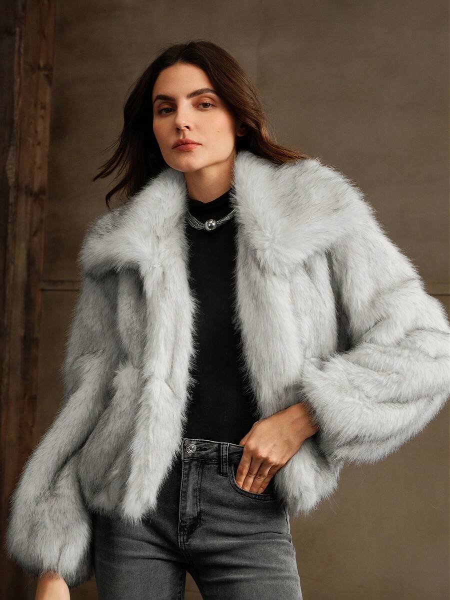 SHEIN X Lucía Bellido Anewsta Áo khoác nữ cổ điển dài mềm mại bồng bềnh Ombre - trắng - Xem 1