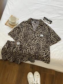 Comfortcana Plus Size Women Leopard Print Patch Short Sleeve Top And Shorts Suit, Spring/Summer,Holiday Outfits Animal Print Two Pieces Shorts Set Two Pieces Short Sets For Women