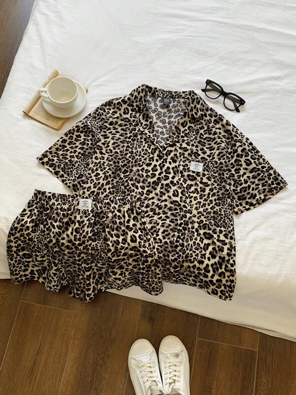 Comfortcana Damen Große Größen Leoparden Muster Patchwork Kurzarm Top und Shorts Set, Frühling/Sommer, Urlaubsoutfits Tier Muster Zwei-Teiler Shorts Set Zwei-Teiler Kurze Sets für Damen