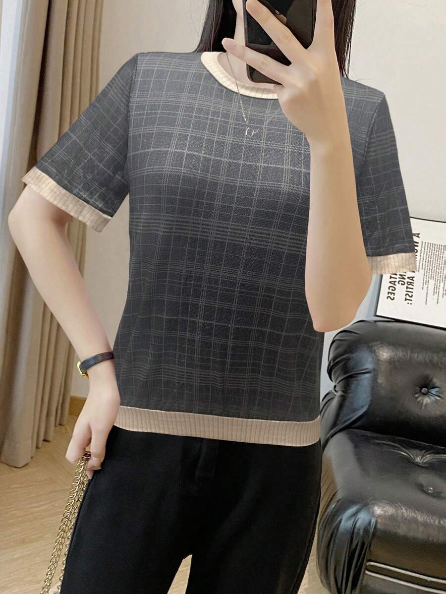 SHEIN Unity Women's Round Neck Short Sleeve Solid Color Patchwork Casual Top - Black - View 1