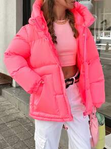 EURMUSE DAZY Solid Zip Up Big Hooded Puffer Thick Winter Coat - Pink - View 2