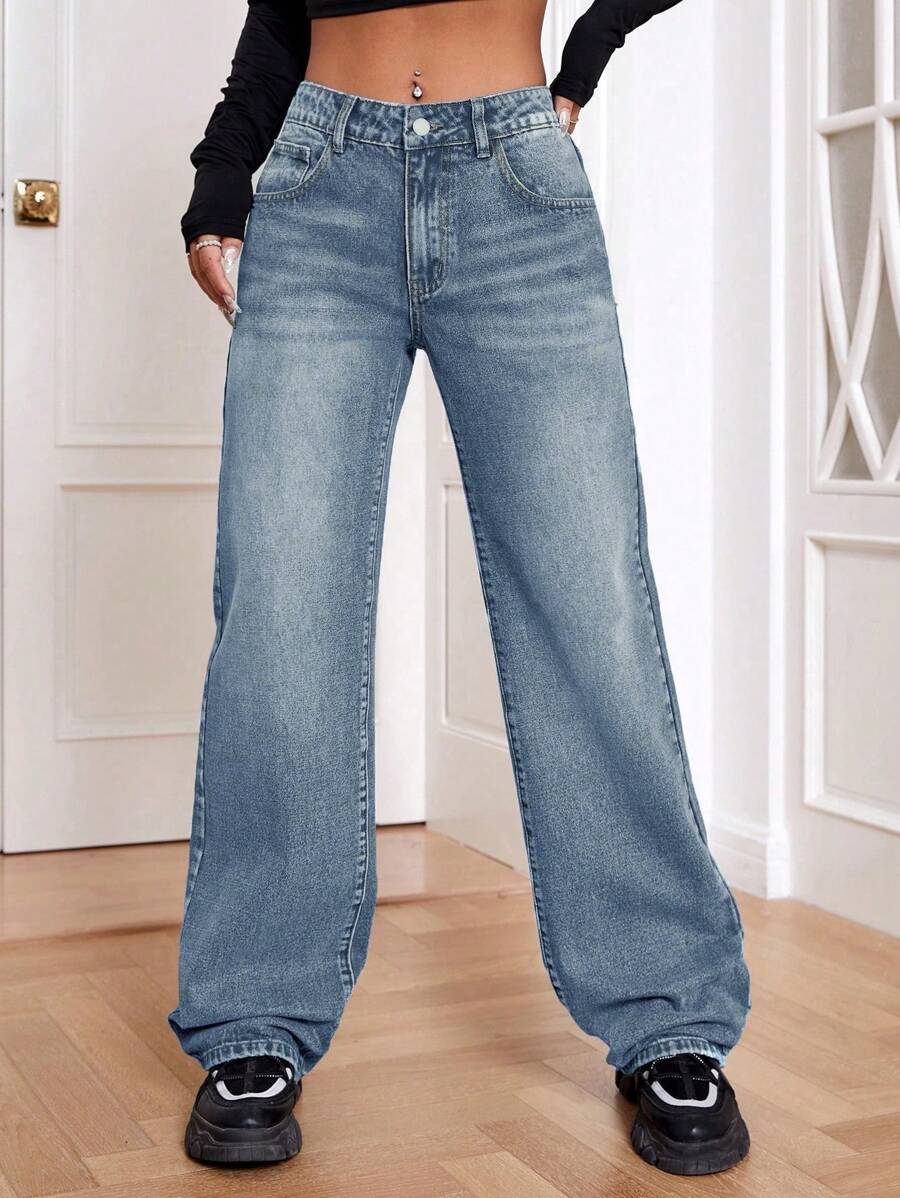 SHEIN EZwear Women Loose Fit Pocketed Wide-Leg Casual Baggy Jeans - Blue - View 1