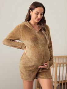 SHEIN Maternity Zip Up 3D Ears Design Hooded Flannel Romper - Khaki - View 5