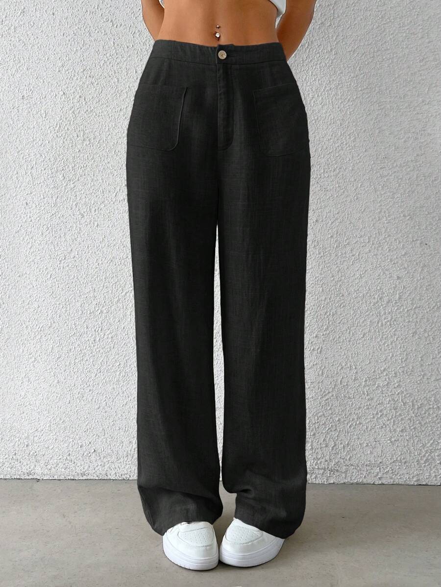 SHEIN EZwear 黑色编织亚麻休闲宽松女裤 - 黑色 - 查看 1