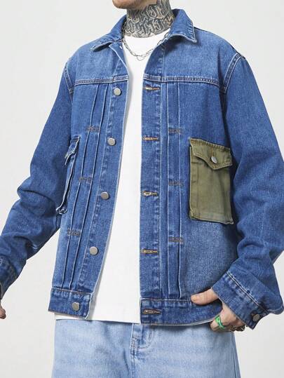 Manfinity EMRG Plus Size Men's Spring Autumn Long Sleeve Utility Pockets Casual Loose Denim Jacket