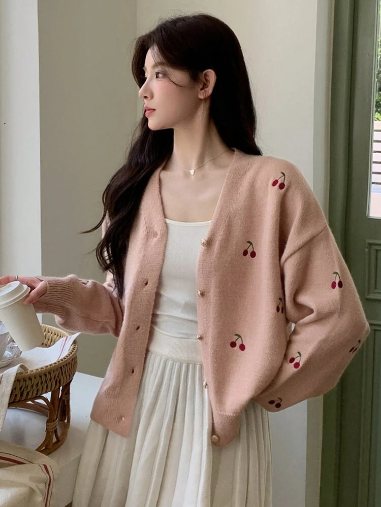 Women's Cherry Blossom Oversized Cardigan Sweater,Long Sleeve Tops,Fall Clothes