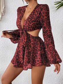 SHEIN VCAY Vacation Women's Leopard Print Jumpsuit - Red - View 4