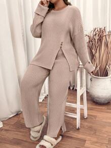 SHEIN LUNE Plus Size Women Camel Round Collar Front Slit Button Accent Knitted Sweater Pants 2-Piece Casual Suit, Autumn Winter - Camel - View 2