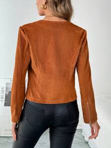 SHEIN Clasi Spring Autumn Casual Solid Color Front Zip Up Cropped Jacket, Women Fall Clothes - Khaki - View 2