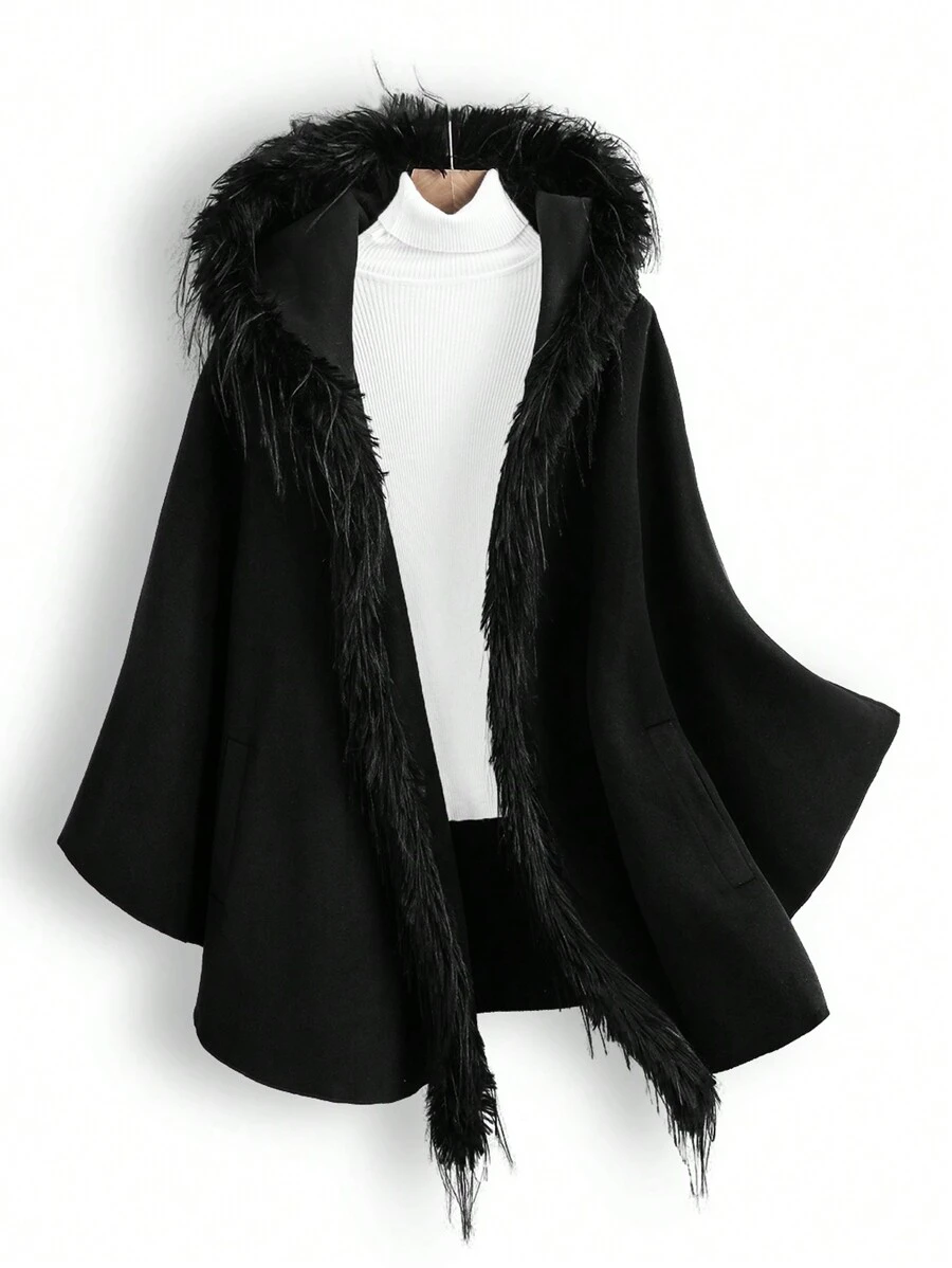 SHEIN LUNE Plus Size Fluffy Patchwork Hooded Elegant Long Sleeve Knitted Coat - Black - View 1