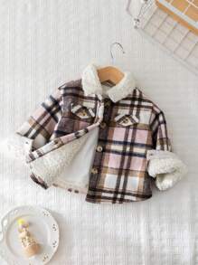 Cozy Pixies Baby Girls Plaid Pocketed Lapel Long Sleeve Knitted Coat - Pink - View 5