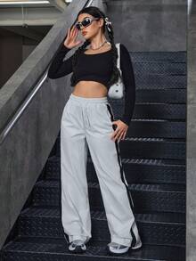 女式配腰带撞色宽松直筒休闲裤 - 白色 - 查看 2