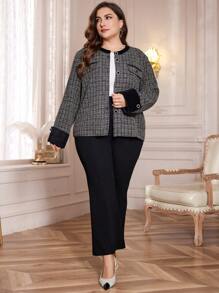 Lacomfia 大码纯色撞色贴片前扣休闲长袖夹克，优雅粗花呢外套，适合晚会/婚礼嘉宾/周年纪念