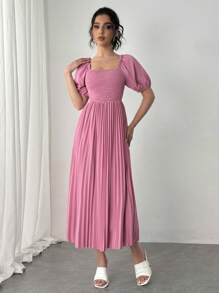 SHEIN Unity Ladies' Fashion Solid Color Pleated Breast Shirred Off Shoulder Dress
