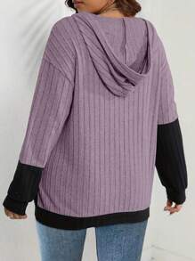INAWLY Plus Size Color Block Half Zip Ribbed Hooded Sweatshirt , Graduation, Teachers For Women, Back To School Pullover Fall Winter Autumn - Purple - View 2