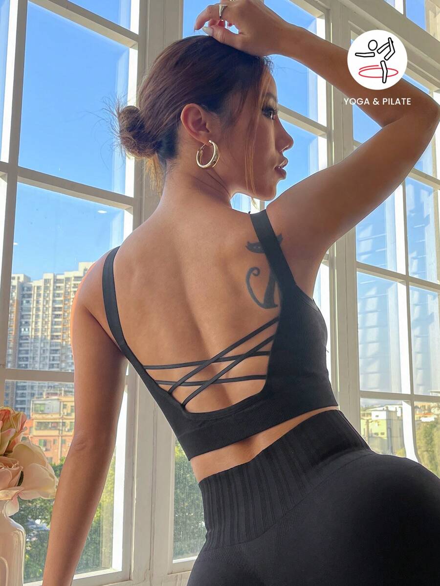 Easithlete Medium Support  Crisscross Backless Sports Bra - Black - View 1