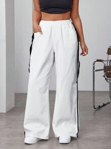 SHEIN EZwear 大码女式侧条纹系带宽腿宽松休闲牛仔裤 - 白色 - 查看 5