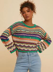 Travachic Women's Color Striped Pattern Crochet Drop Shoulder Long Sleeve Women Sweaters, Fall Women Clothes - Multicolor - View 6