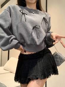 DAZY Sudadera de manga larga con lazo grande decorado, para otoño/invierno, blusas de manga larga, ropa de mujer de otoño Y2k - Gris - Ver 1