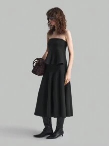 Ontre Bộ 2 món áo crop top không tay viền bèo nhún màu trơn và chân váy dệt kim thanh lịch cho nữ - màu đen - Xem 4