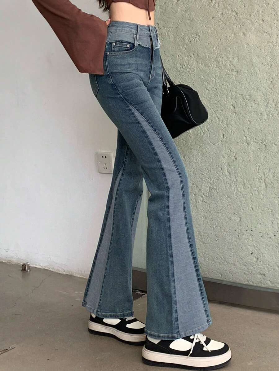 FRIFUL Women's Distressed Hem Pocket Flared Casual Denim Jeans